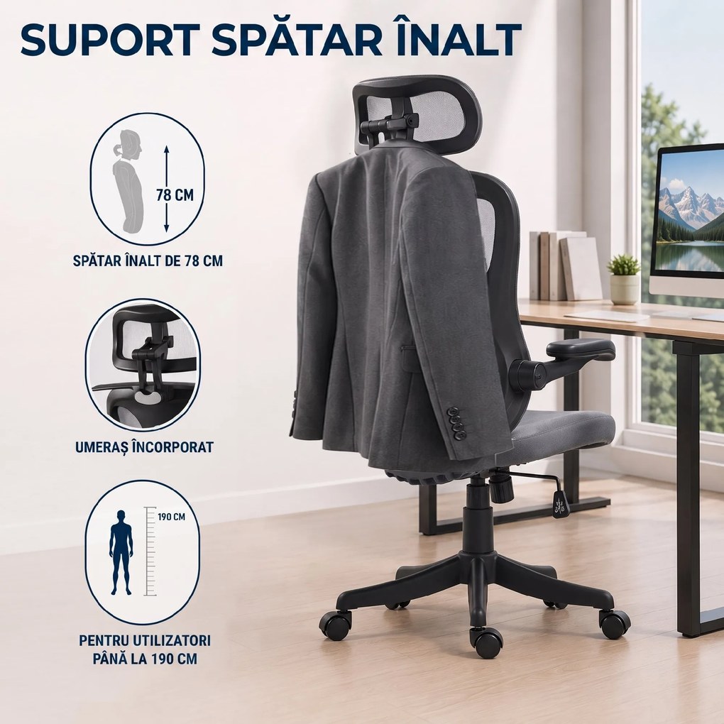 HOMCOM Scaun de Birou Ergonomic cu Tetieră 2D, Cotiere 3D, Înălțime Reglabilă, Mesh Respirabil, Gri Închis | Aosom Romania