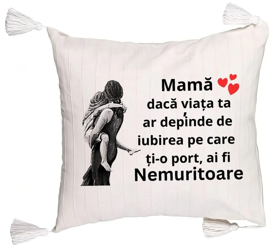 Perna Decorativa cu Franjuri, Model pentru Mama 2, 45x45 cm, Ecru, Cu fermoar