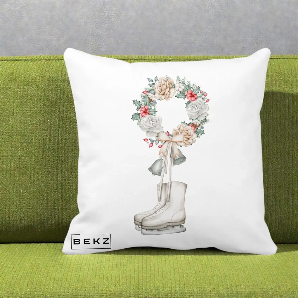 Perna Decorativa Patine cu Coroana Florala de Craciun, 40x40 cm, Alba Mata, Husa Detasabila, Perna Inclusa, BEKZ®