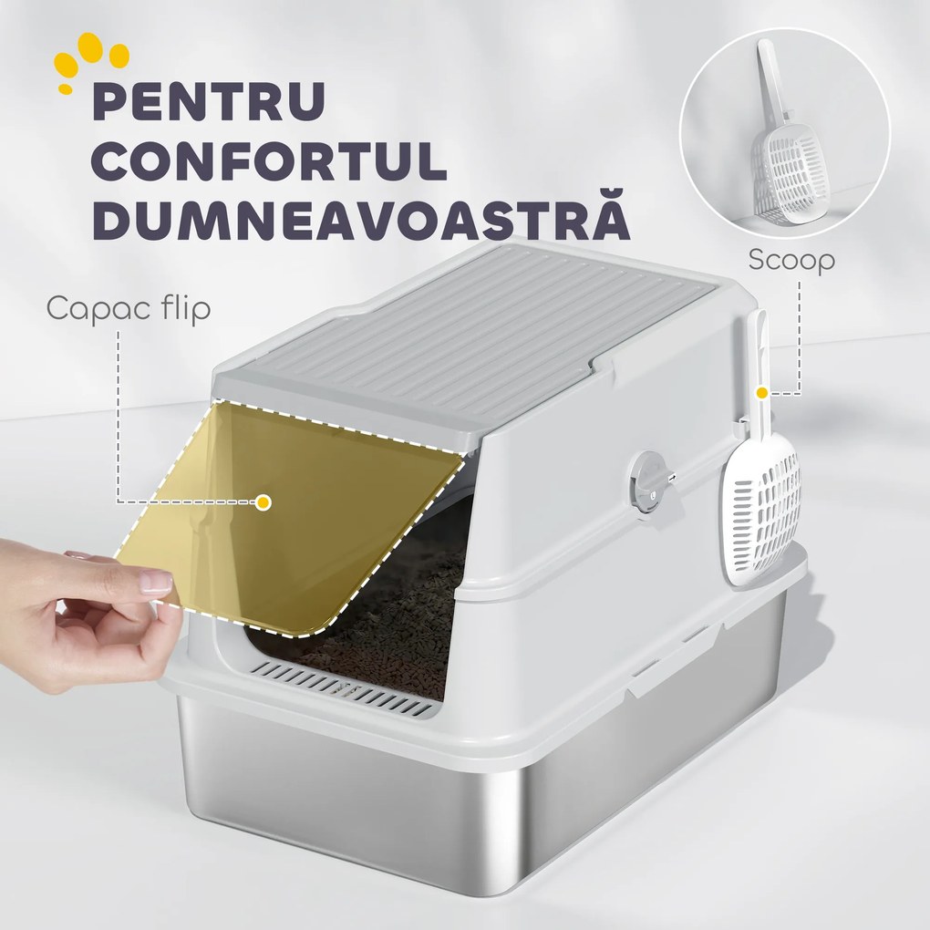 PawHut Extra Large din Oțel Inoxidabil, Litieră pentru Pisici cu Lopățică, Capac Rabatabil | Aosom Romania