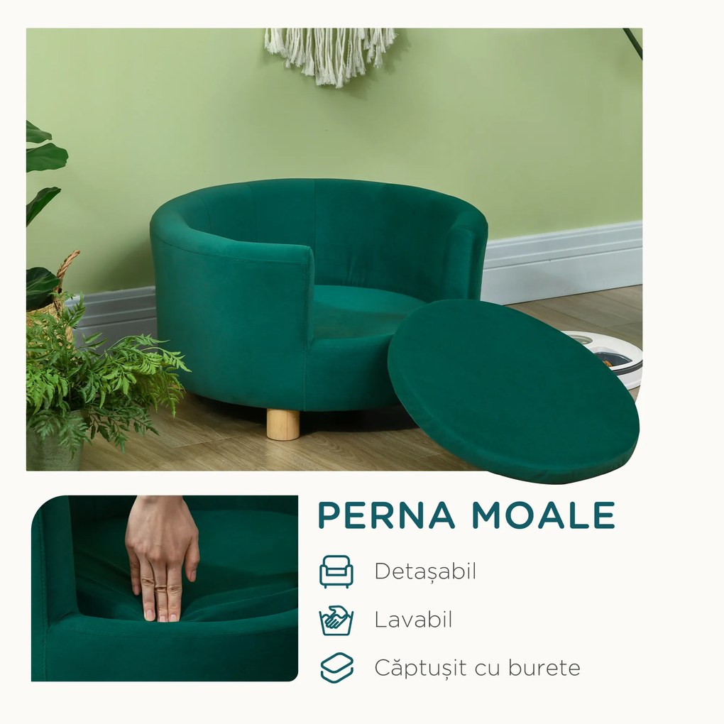 PawHut Canapea Verde Luxoasă pentru Câini, cu Spătar și Pernă Detașabilă, 65x64x37 cm | Aosom Romania