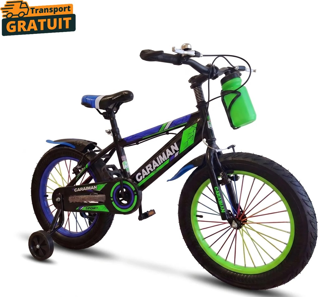 Bicicleta copii Caraiman 14 inch, cu roti ajutatoare, bidon apa, verde