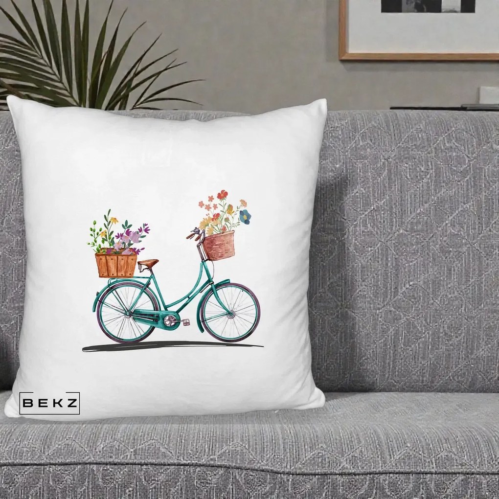 Perna Decorativa Bicicleta Florala Turcoaz Acuarela, 40x40 cm, Alb Pufos, Husa Detasabila, Perna Inclusa, BEKZ®