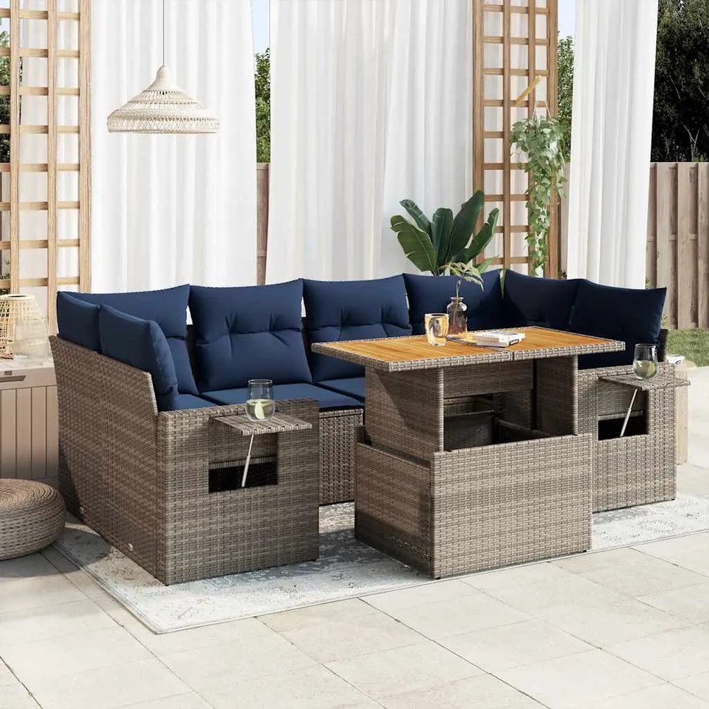 vidaXL Set canapele de grădină, 7 piese, cu perne, gri, poliratan
