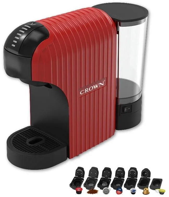 Espressor cu capsule 7in1 Crown CCM-1532R, 1400 W, 20 bar, 0.9 L, 7 adaptoare, Indicator LED, Controlul lungimii cafelei, Rosu/Negru