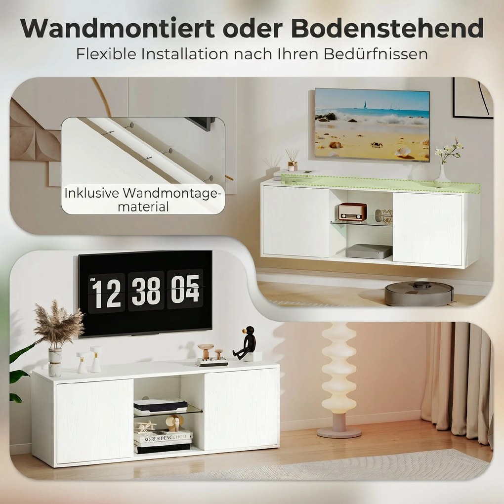 HOMCOM Mobilier Porta TV până la 55", Mobilier TV Suspendat sau pe Podea de 120 cm cu Uși Soft Close, Orificiu pentru Cabluri și Raft din Sticlă, pentru Sufragerie și Salon, Alb Efect Lemn | Aosom Romania