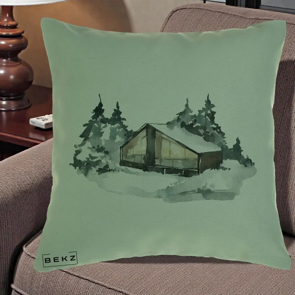 Perna Decorativa Cabana de Iarna in Padure, 40x40 cm, Verde, Husa Detasabila, Perna Inclusa, BEKZ®