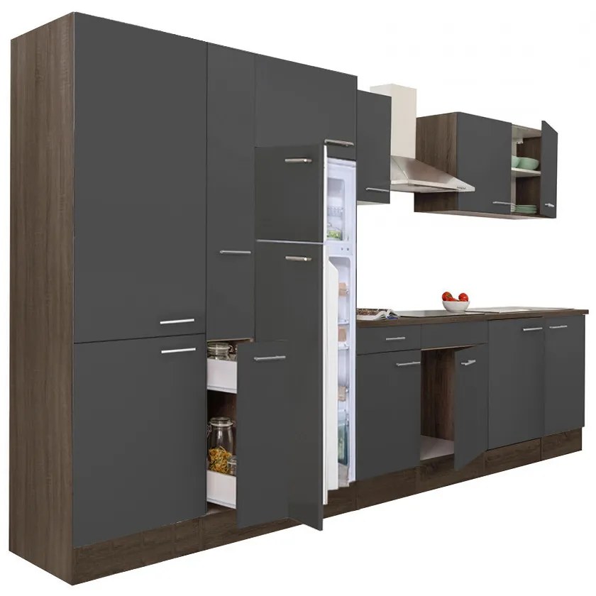 Mobilă de bucătărie Yorki 360 cu corp din stejar Yorki, față antracit satinat, dulap cu rafturi și frigider cu congelator superior