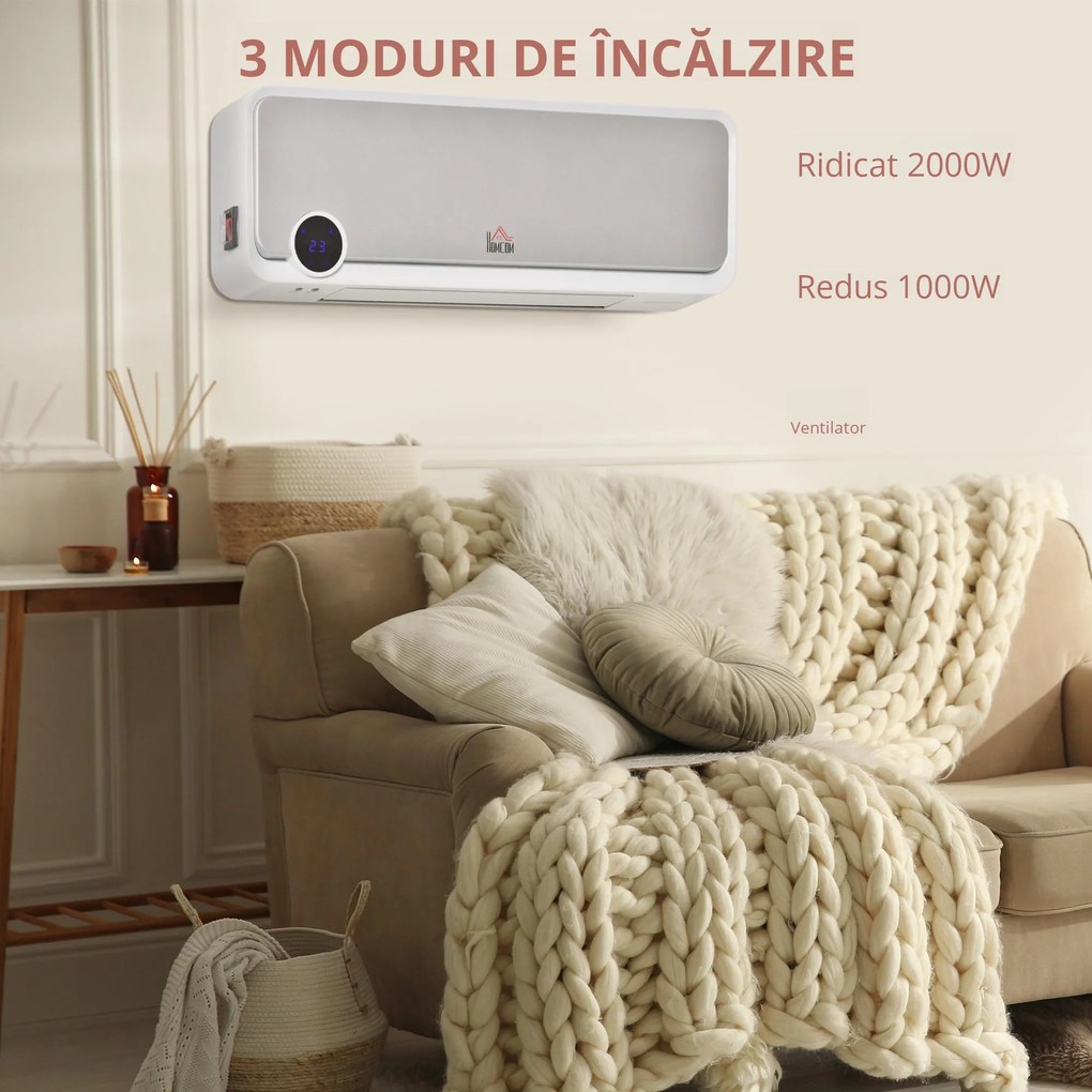HOMCOM Aerotermă de Perete cu 3 Moduri, Timer 12h și Oscilație 30°, 56x18,5x11,7 cm, Argintiu | Aosom Romania