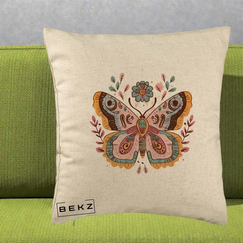 Perna Decorativa Fluture Boho Floral, 40x40 cm, Bej, Husa Detasabila, Perna Inclusa, BEKZ®