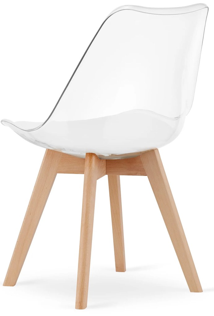 Set de masa 1 + 4, masa alba ADRIA 120x80 cm + scaune transparente BALI MARK cu picioare din lemn de fag