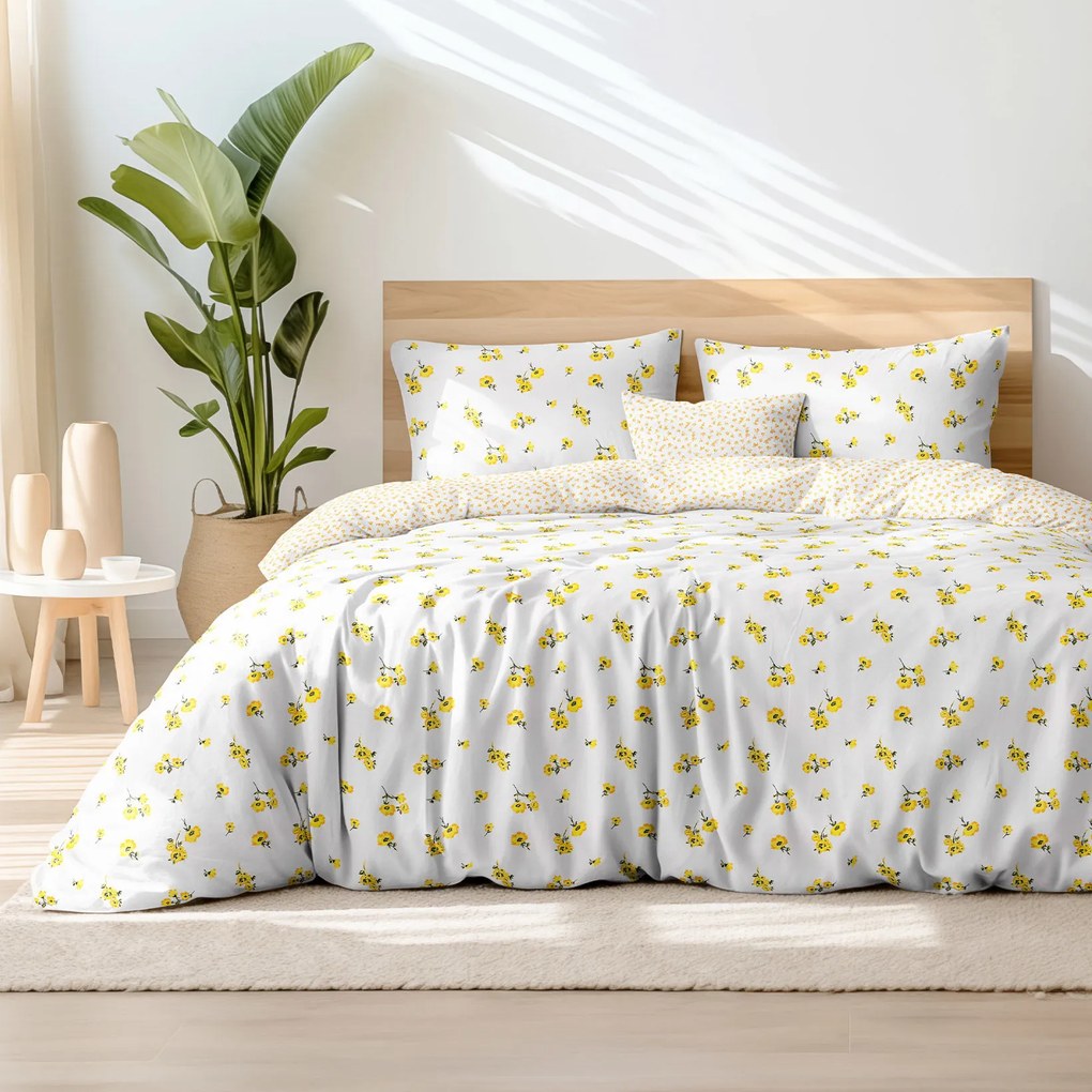 Goldea lenjerie de pat din 100% bumbac - flori galbene și floricele pe alb 140 x 200 și 50 x 70 cm