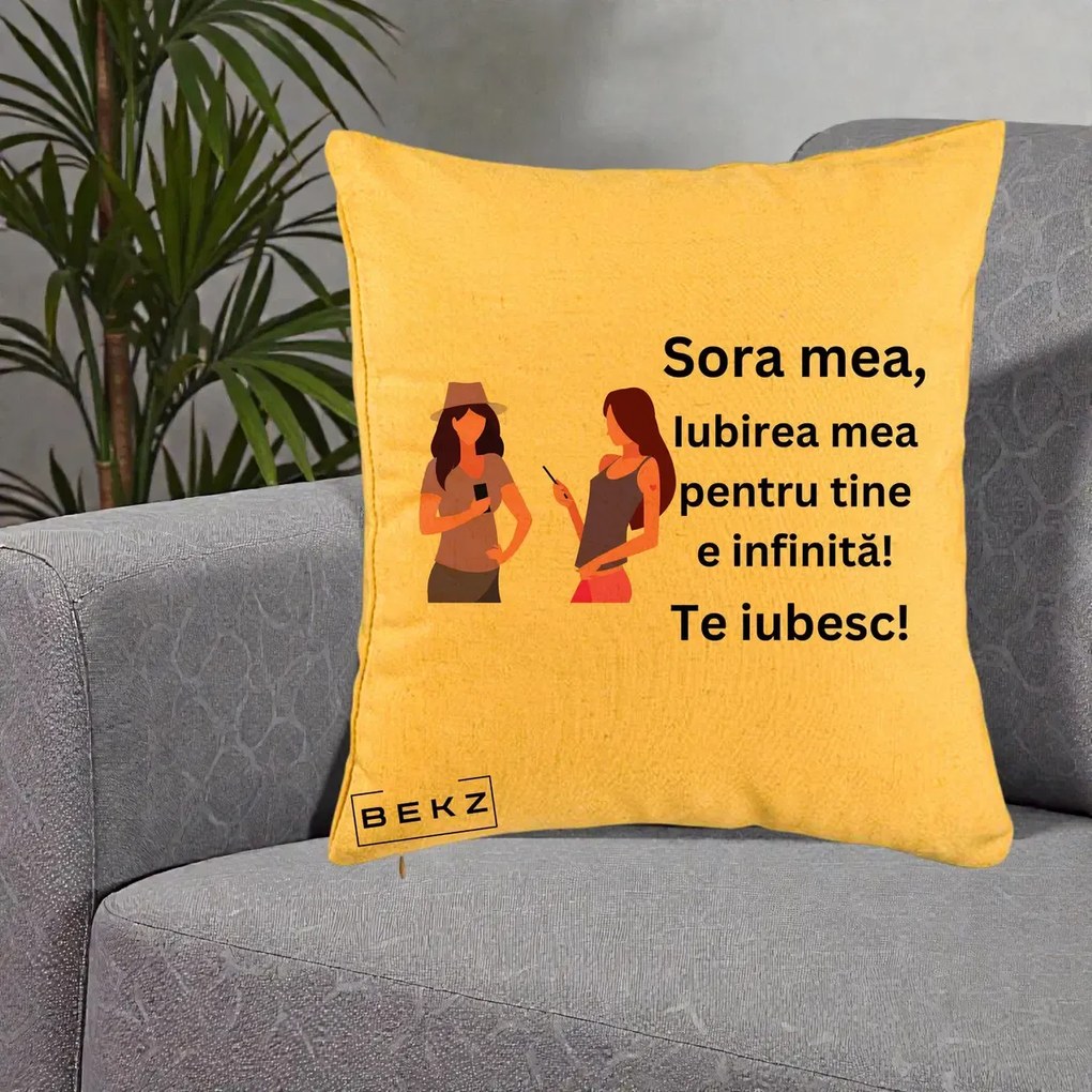 Cadou pentru Sora - Perna Personalizata Sora Mea Te Iubesc Doua Fete cu Telefoane, 40x40 cm, Galben, Husa Detasabila, Perna Inclusa, BEKZ®