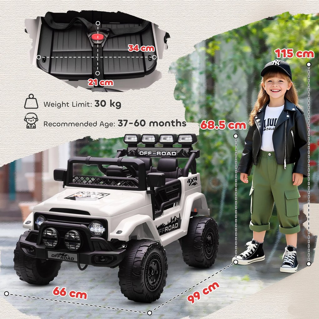 AIYAPLAY Off-road pentru Copii cu Faruri, Claxon, Centură și Telecomandă, în PP și Metal, 99x66x68.5 cm, Alb | Aosom Romania