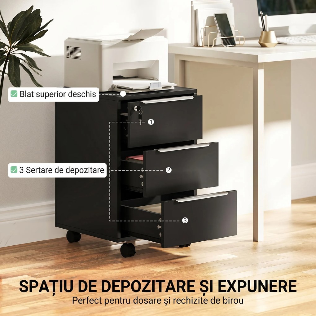HOMCOM Fișet de Birou cu 3 Sertare, 4 Roți, Casetieră cu Încuietoare și 2 Chei, Negru | Aosom Romania