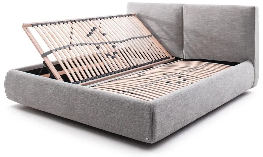Pat matrimonial gri tapițat cu spațiu de depozitare cu somieră 180x200 cm Atesio – Meise Möbel