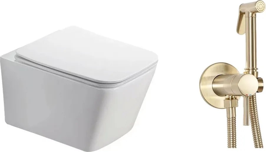 Pachet vas wc suspendat Fluminia Paris, capac softclose si set dus igiena intima auriu cu baterie incastrata Rea Loop