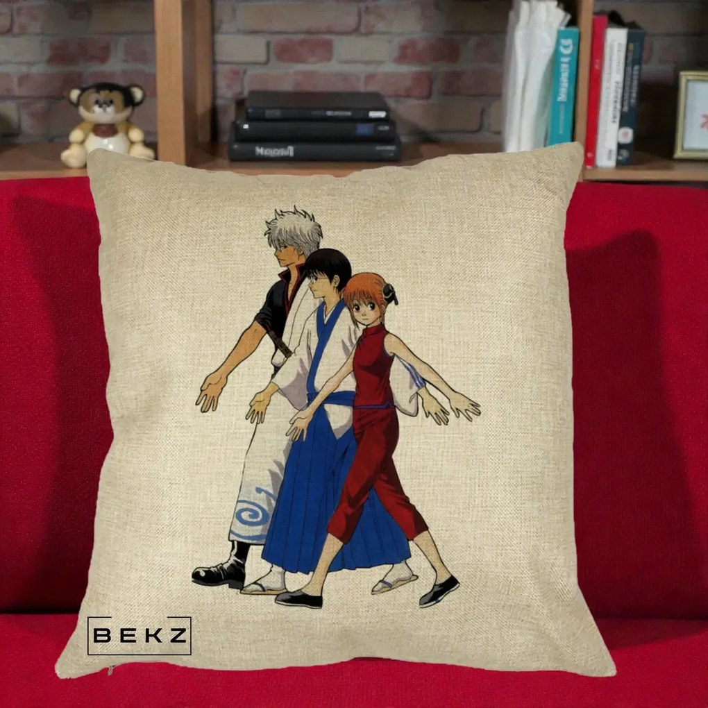 Perna Personalizata Gintama Trio Gintoki Shinpachi Kagura, 40x40 cm, Crem, Husa Detasabila, Perna Inclusa, BEKZ®