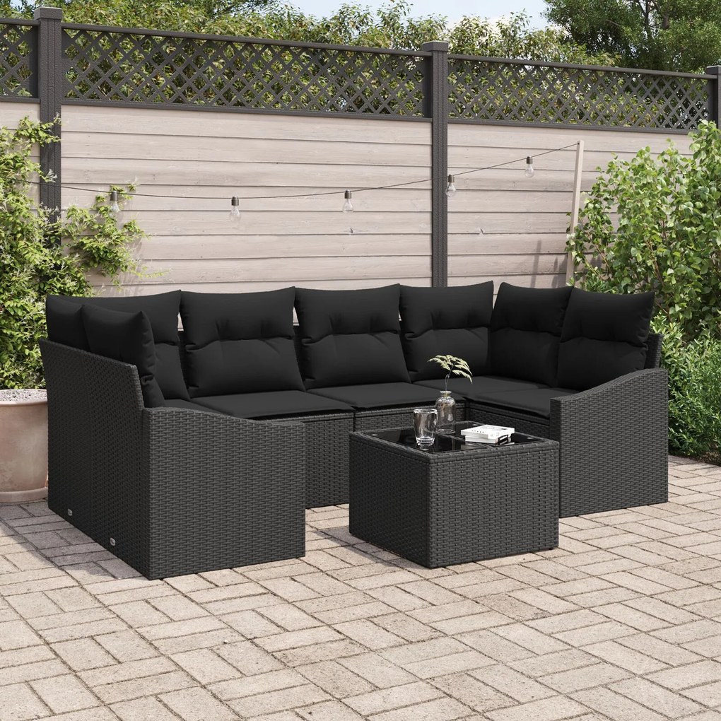 vidaXL Set de canapea pentru grădină , 7 piese, cu perne, Negru, Poliratan