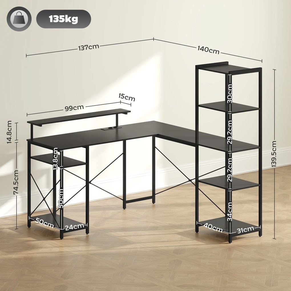 HOMCOM Birou de colț pentru computer cu prize electrice și suport dublu pentru monitor, 137x140 cm, negru | Aosom Romania