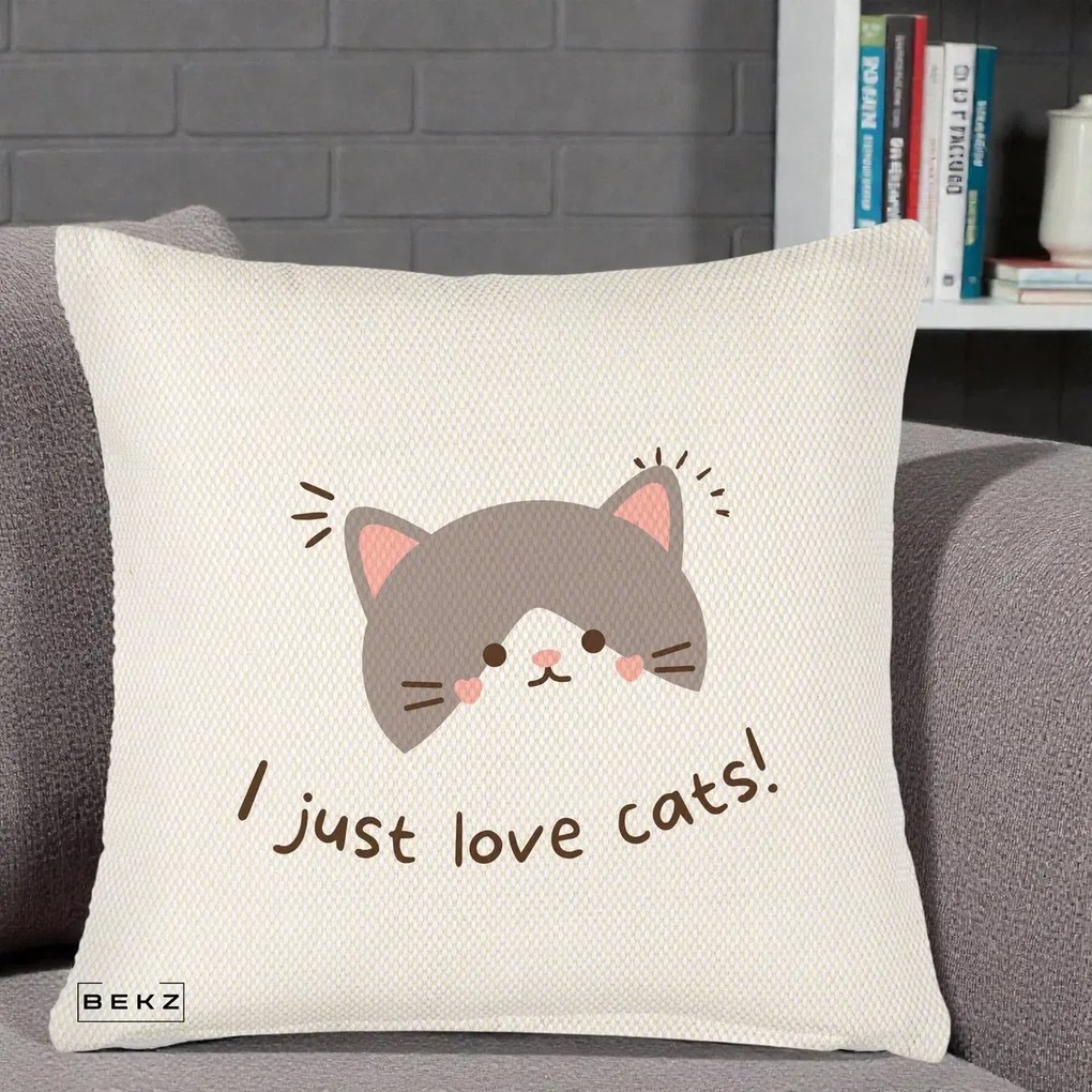 Perna Personalizata I Just Love Cats Pisica Kawaii, 40x40 cm, Crem Reliefat, Husa Detasabila, Perna Inclusa, BEKZ®