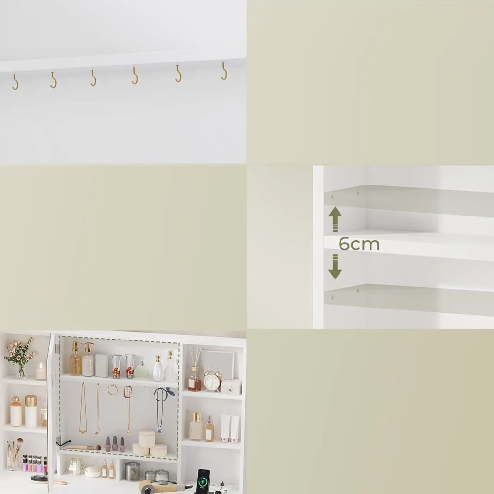 SEA1 - Set Masa toaleta 104 cm, cu 3 sertare, Cu Priza, USB si USB-C, cosmetica, machiaj, oglinda cu LED, masuta vanity, make-up - Alb