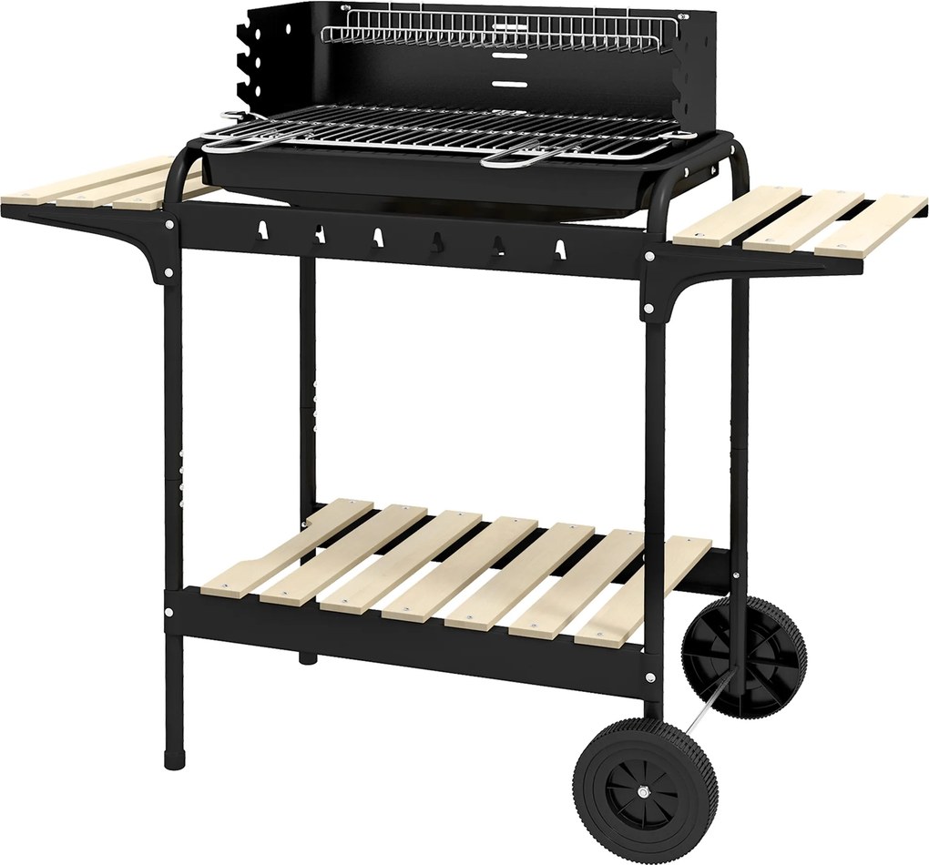 Outsunny Gratar Barbecue cu Carbune cu Inaltime Reglabila a Gratarului, Carucior Portabil pentru Gratar cu Dispozitiv de Colectare a Cenusii si Roti