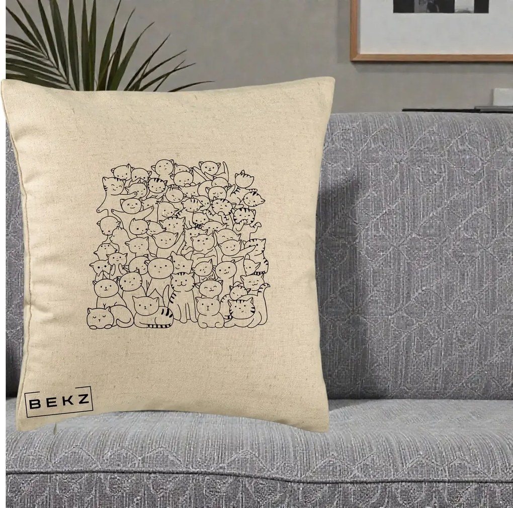 Perna Personalizata Many Cats Pattern Alb-Negru, 40x40 cm, Bej, Husa Detasabila, Perna Inclusa, BEKZ®