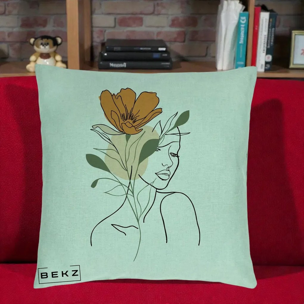 Perna Decorativa Portret Feminin Floare Portocalie, 40x40 cm, Verde Menta, Husa Detasabila, Perna Inclusa, BEKZ®