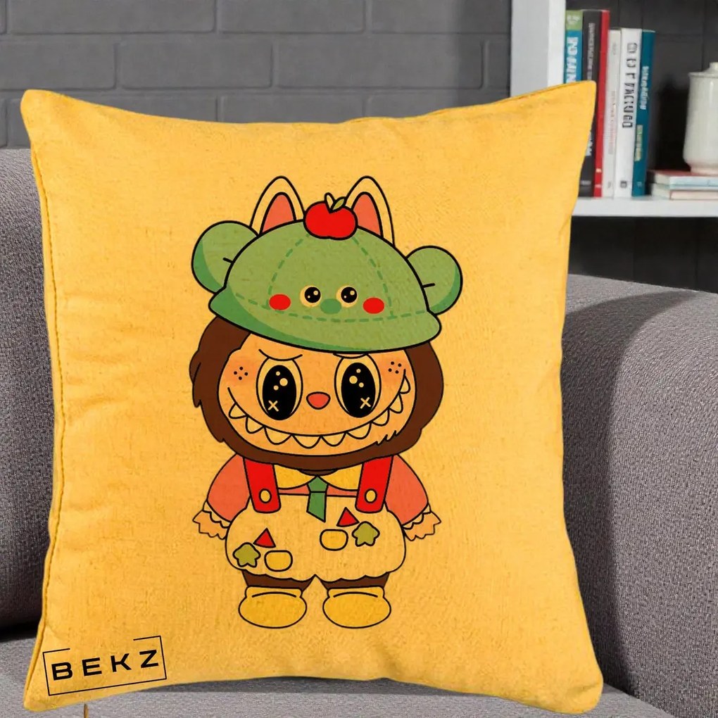Perna Personalizata Labubu x Urs Albastru Colorat, 40x40 cm, Galben, Husa Detasabila, Perna Inclusa, BEKZ®