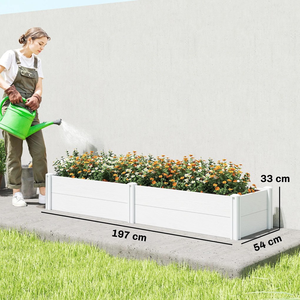 Outsunny Pat înălțat din plastic, modular, plantator cu montaj DIY, solariu 197 x 54 x 33 cm Alb | Aosom Romania