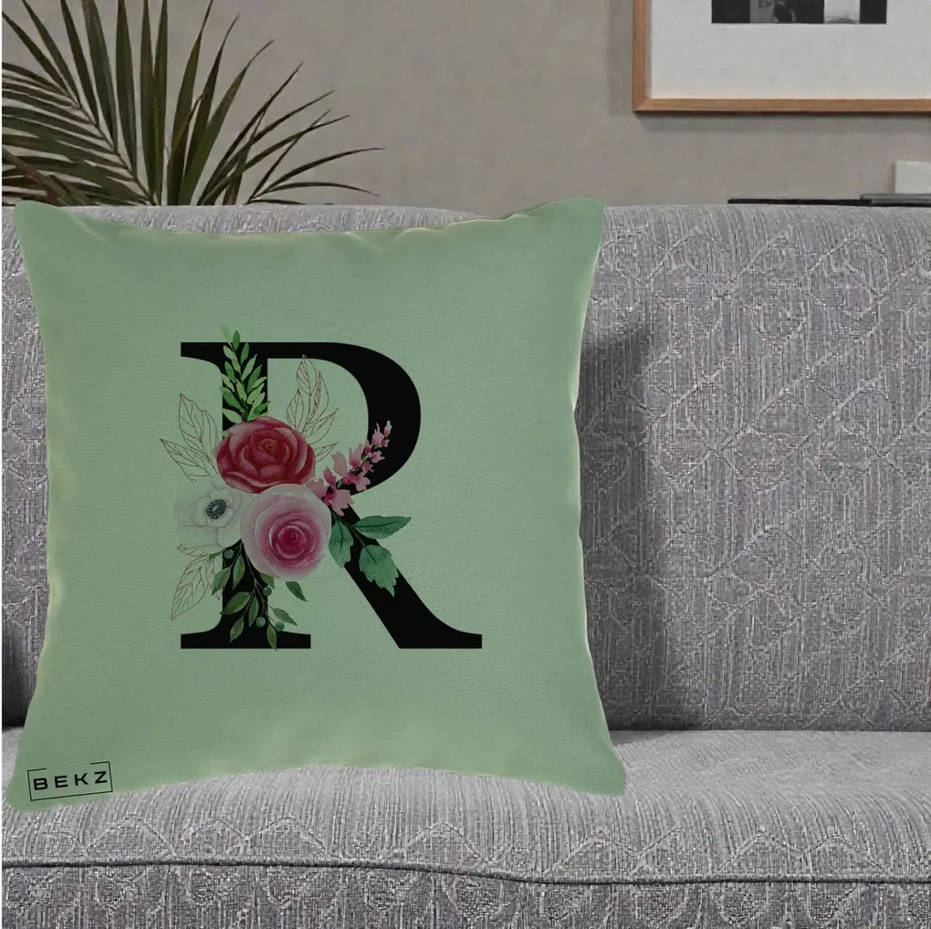 Cadou Personalizat - Perna Personalizata Monograma Florala Litera R, 40x40 cm, Verde, Husa Detasabila, Perna Inclusa, BEKZ®