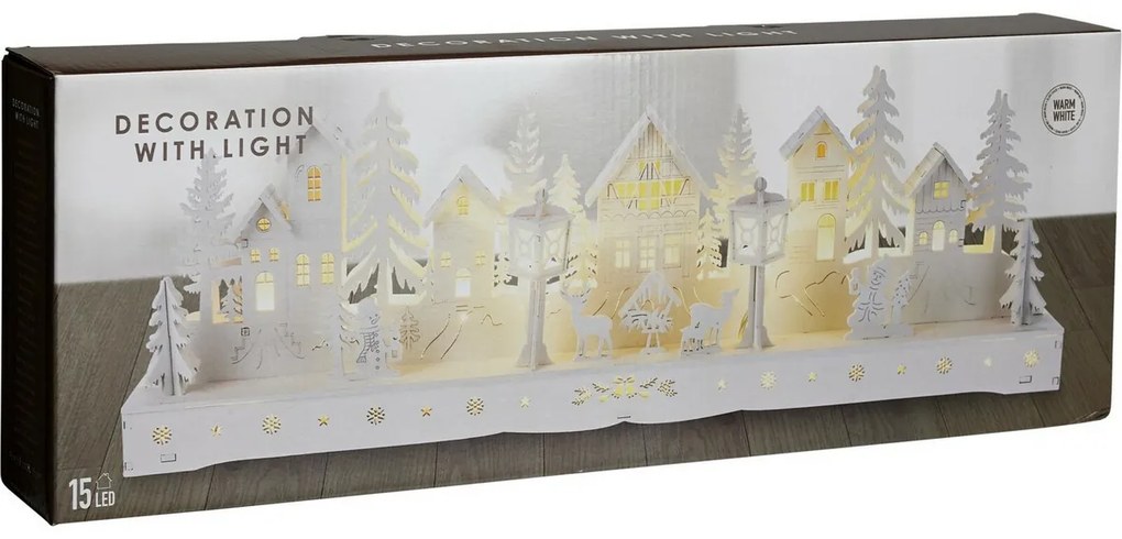 Decorațiune sat luminos de Crăciun, 15 LED-uri, 45 x 5,8 x 15 cm, albă, lemn