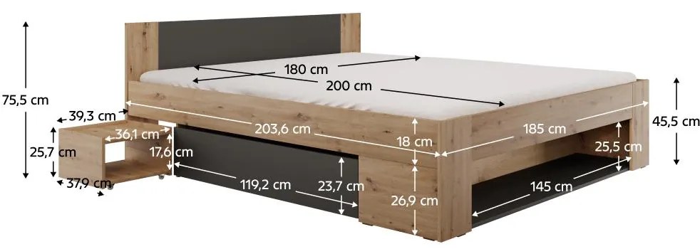 Pat matrimonial 180 cm Uniforme (stejar artisan + antracit) (cu sp. depozitare). 1116536