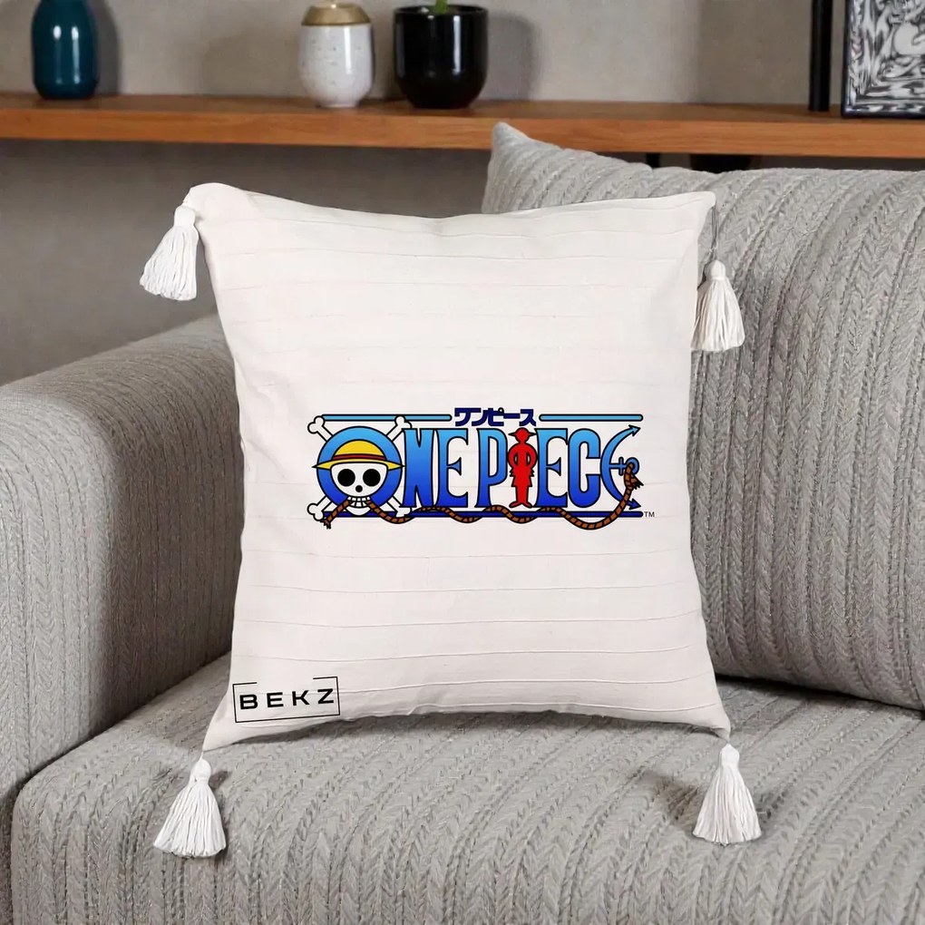 Perna Personalizata One Piece Clasic Albastru, 40x40 cm, Bej cu Franjuri, Husa Detasabila, Perna Inclusa, BEKZ®
