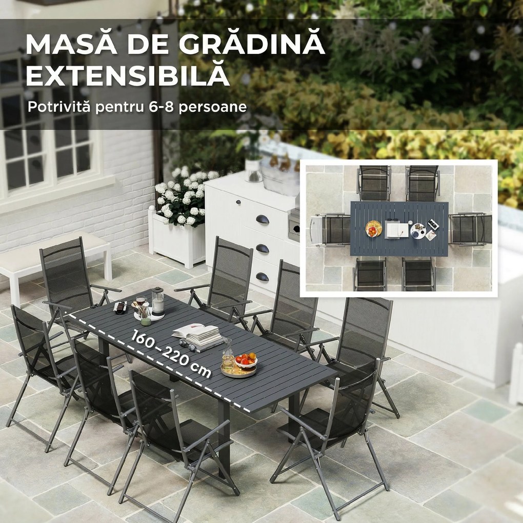 Outsunny Masă Extensibilă pentru Grădină din Aluminiu și Blat cu Șipci, 160/220x90x73 cm, Gri | Aosom Romania