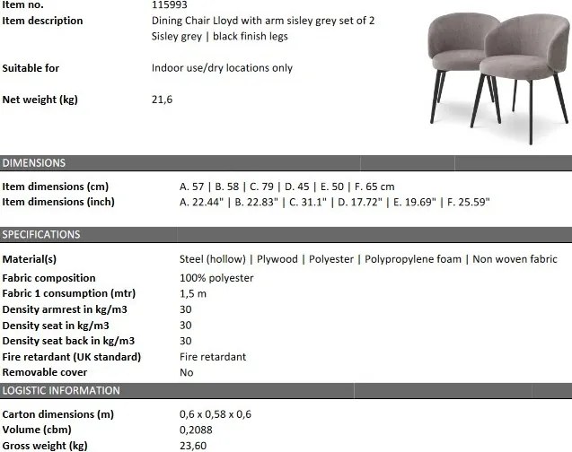 Set de 2 scaune cu brate design LUX Lloyd, sisley gri 115993 HZ