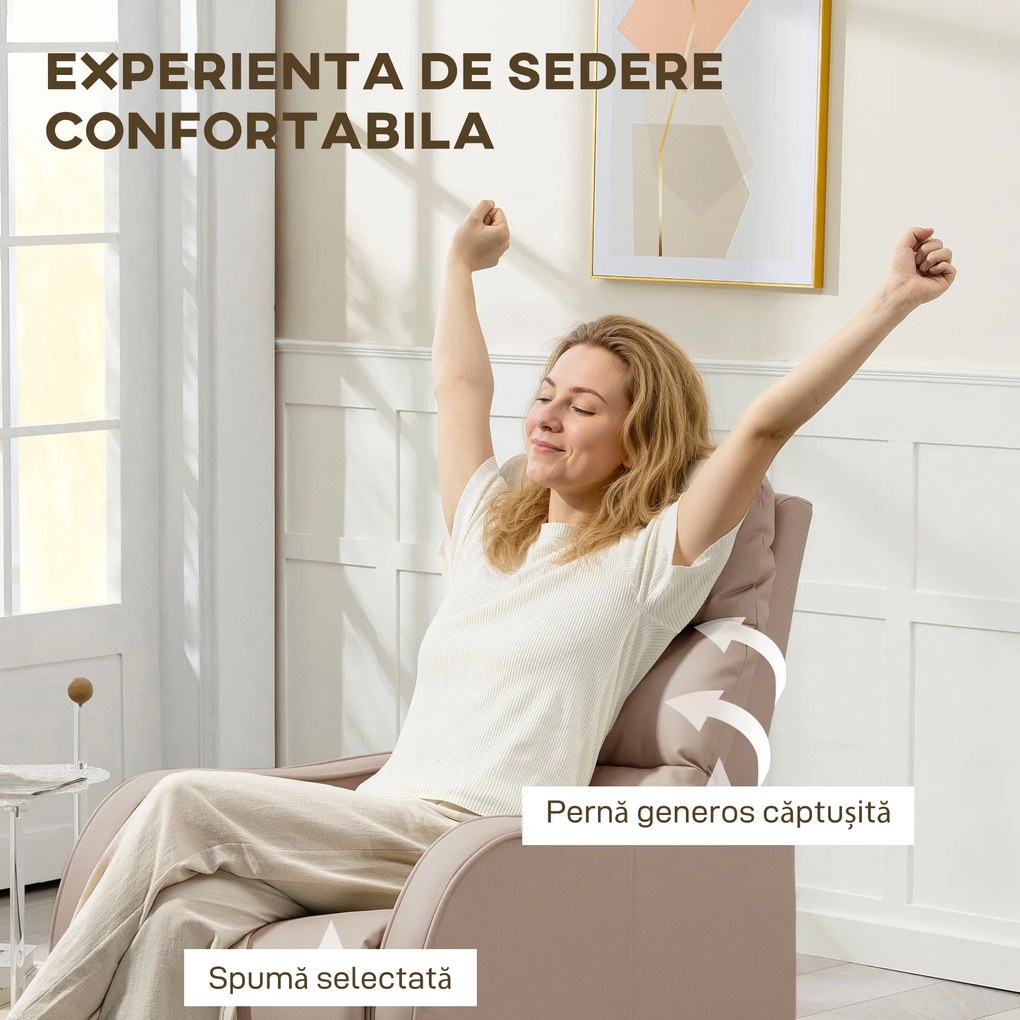 HOMCOM Fotoliu Reclinabil 160° cu Suport pentru Picioare, din Piele PU, Lemn și Oțel, 65x89x100 cm, Maro Deschis | Aosom Romania