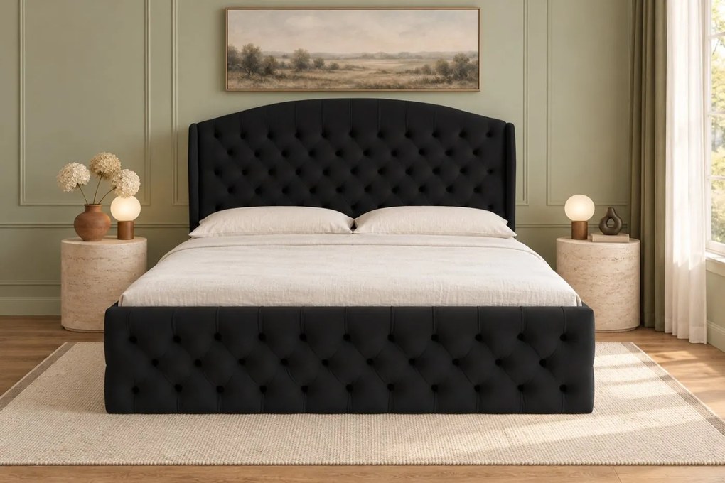 Pat tapițat Lunara Deluxe 160×200 cm, negru, cu ladă de depozitare