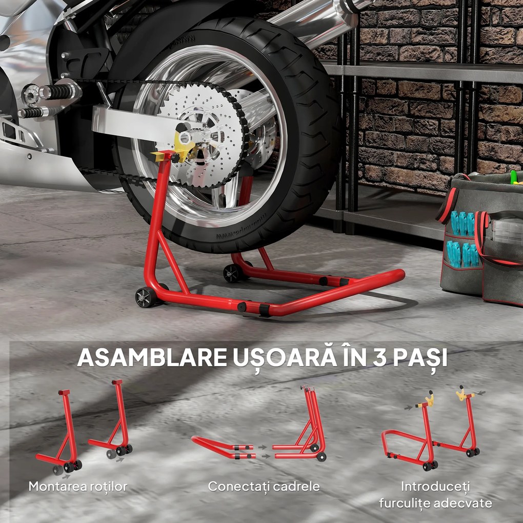 HOMCOM Stand pentru motociclete cu capacitate de 544 kg, cu furci reglabile și roți, Roșu | Aosom Romania