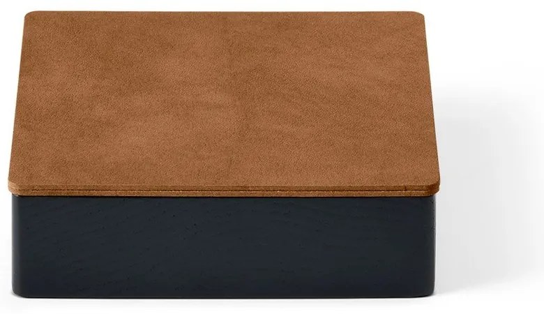 Cutie de depozitare neagră-în culoare naturală din lemn și din piele ecologică cu capac, decorativă 11x11x3,5 cm Square Nupo – LIND DNA