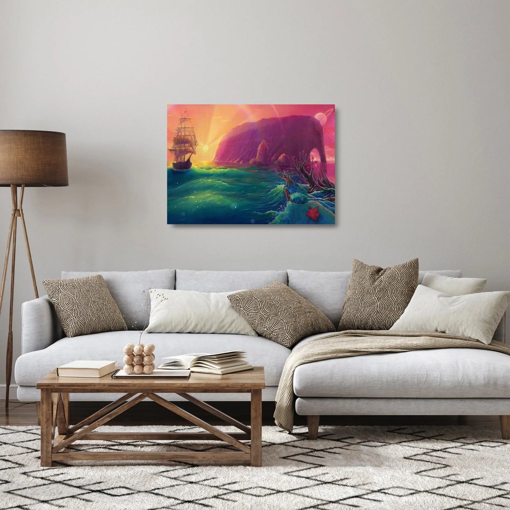 Tablou pe sticlă - Pictură în ulei, călătorie într-un țărăm fantastic (70x50 cm)