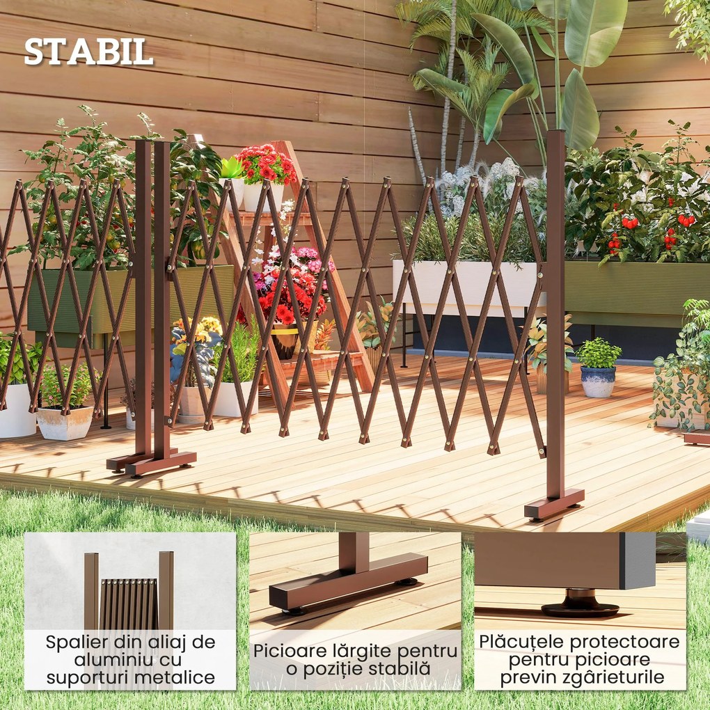 Outsunny Trellis Extensibil Freestanding Gard Mobil Pliabil, Panou Ecran Grădină Aluminiu, 250x103,5cm, Cafea Închis | Aosom Romania