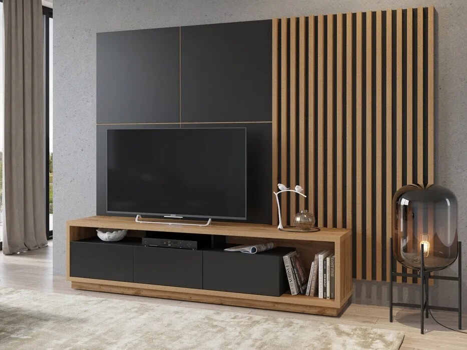 Set de mobilier Austin AV105Wotan stejar, Negru, Negru mat, Cu comodă tv, Cu componente suplimentare, Părți separate, PAL laminat, 191x252x50cm