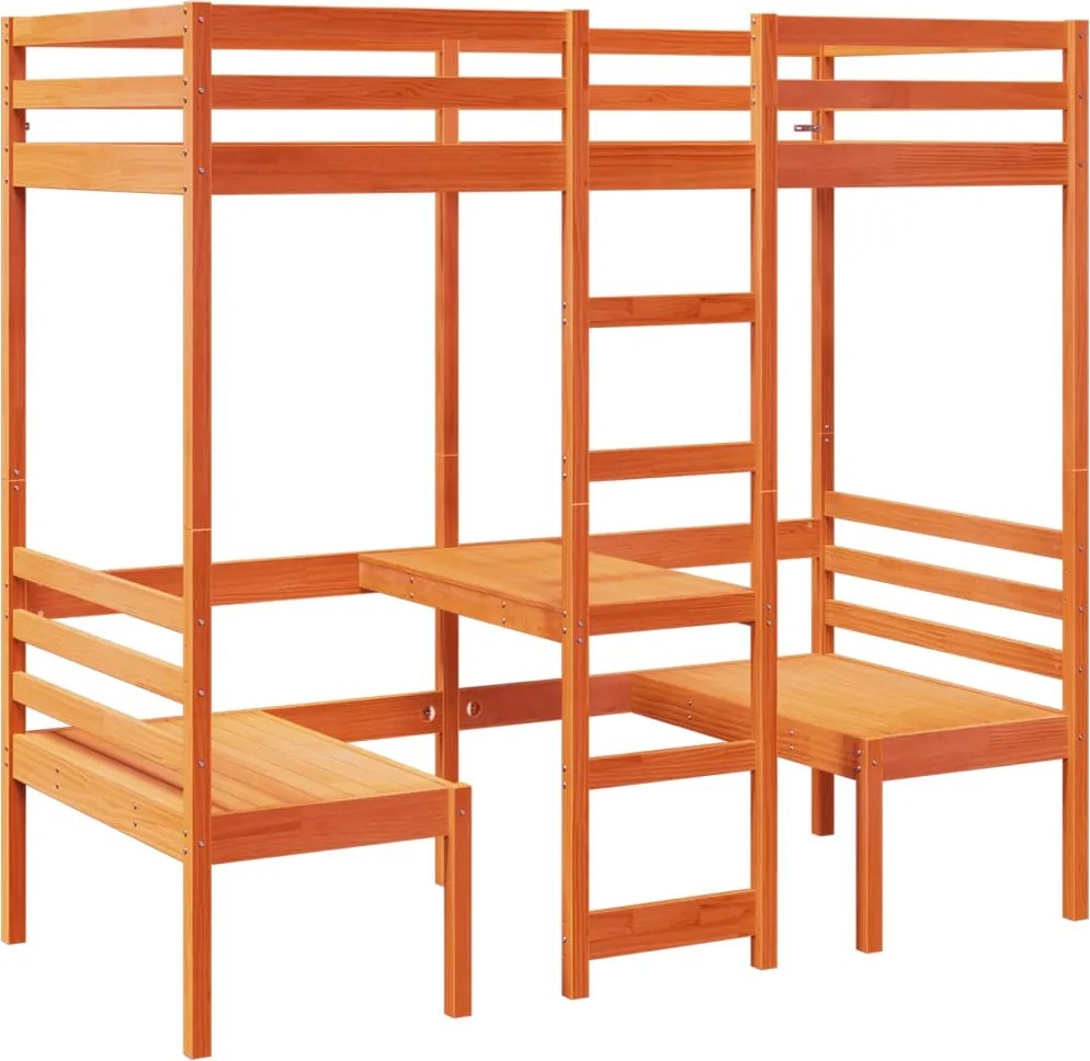 vidaXL Cadru pat etajat birou/scaune, maro, 90x190 cm, lemn masiv pin