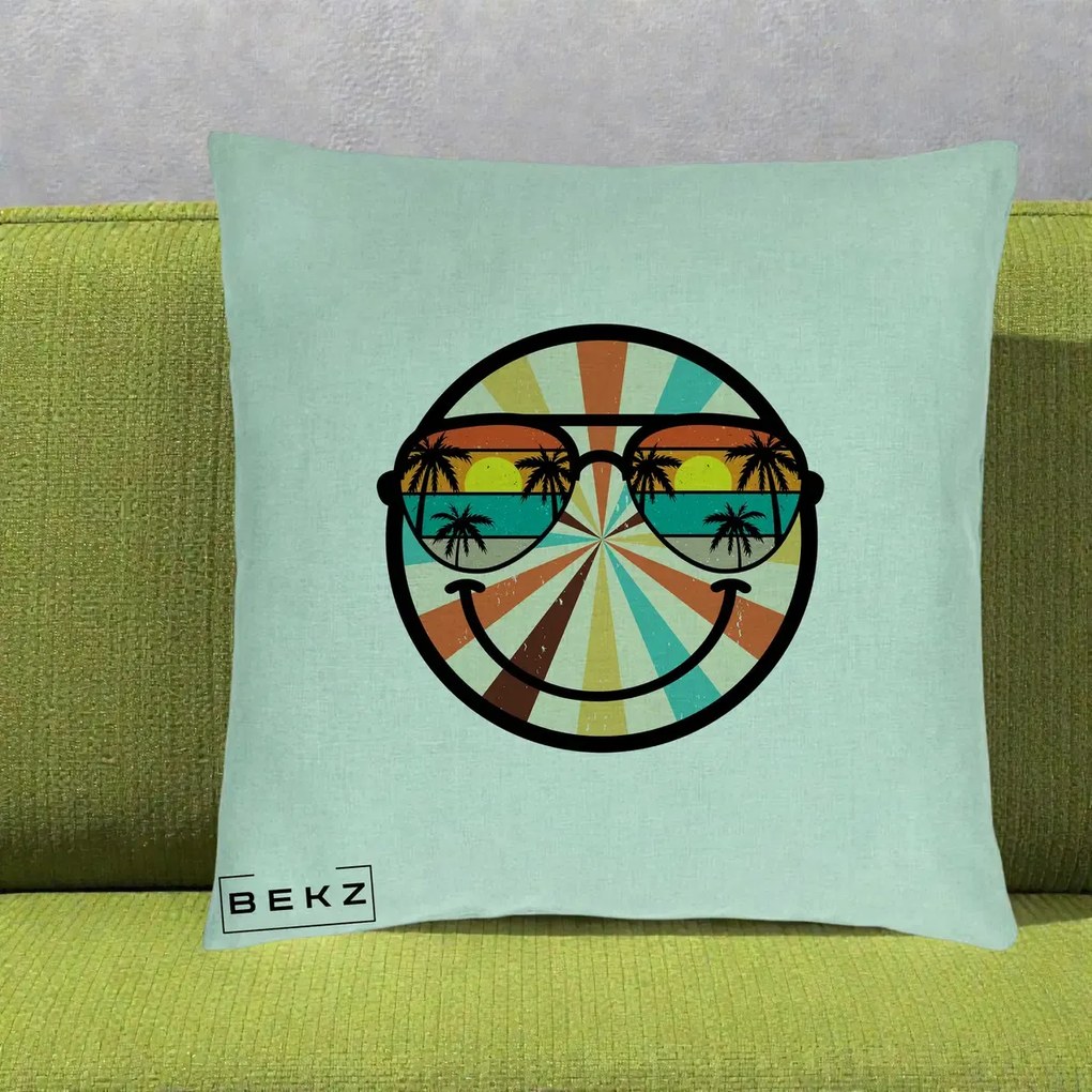 Perna Decorativa Smiley Face Retro Sunset Palmieri, 40x40 cm, Verde Menta, Husa Detasabila, Perna Inclusa, BEKZ®