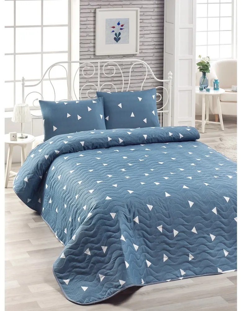 Set cuvertură și 2 fețe de pernă din bumbac Lesso Duro, 200 x 220 cm, albastru