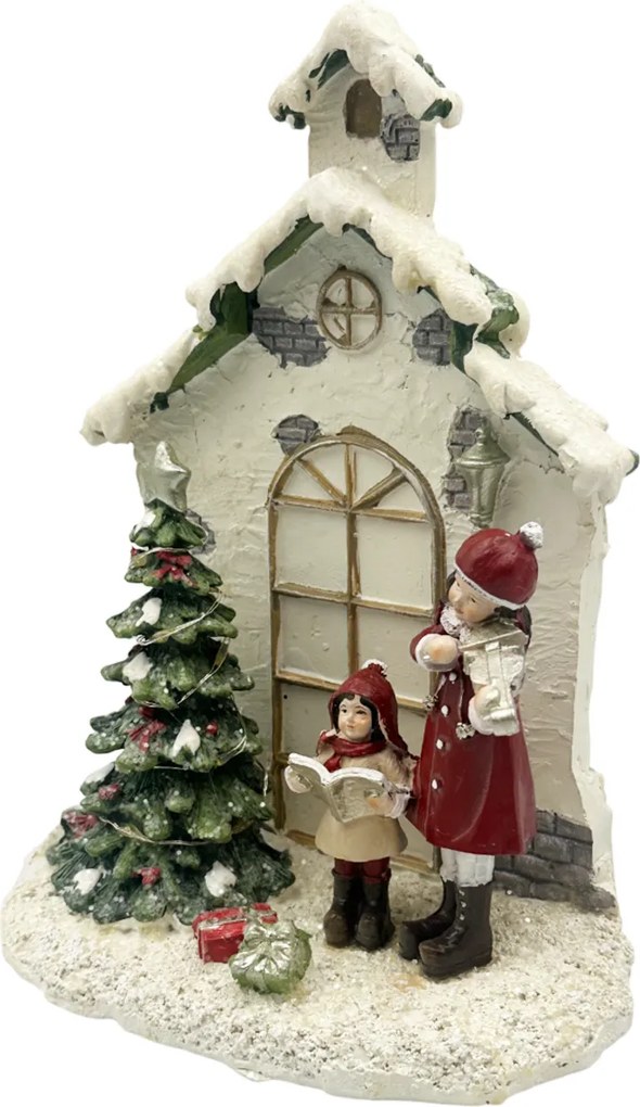 Decor Craciun cu LED ,   Casuta cu brad si colindatori in haine rosii JOY,16x21cm