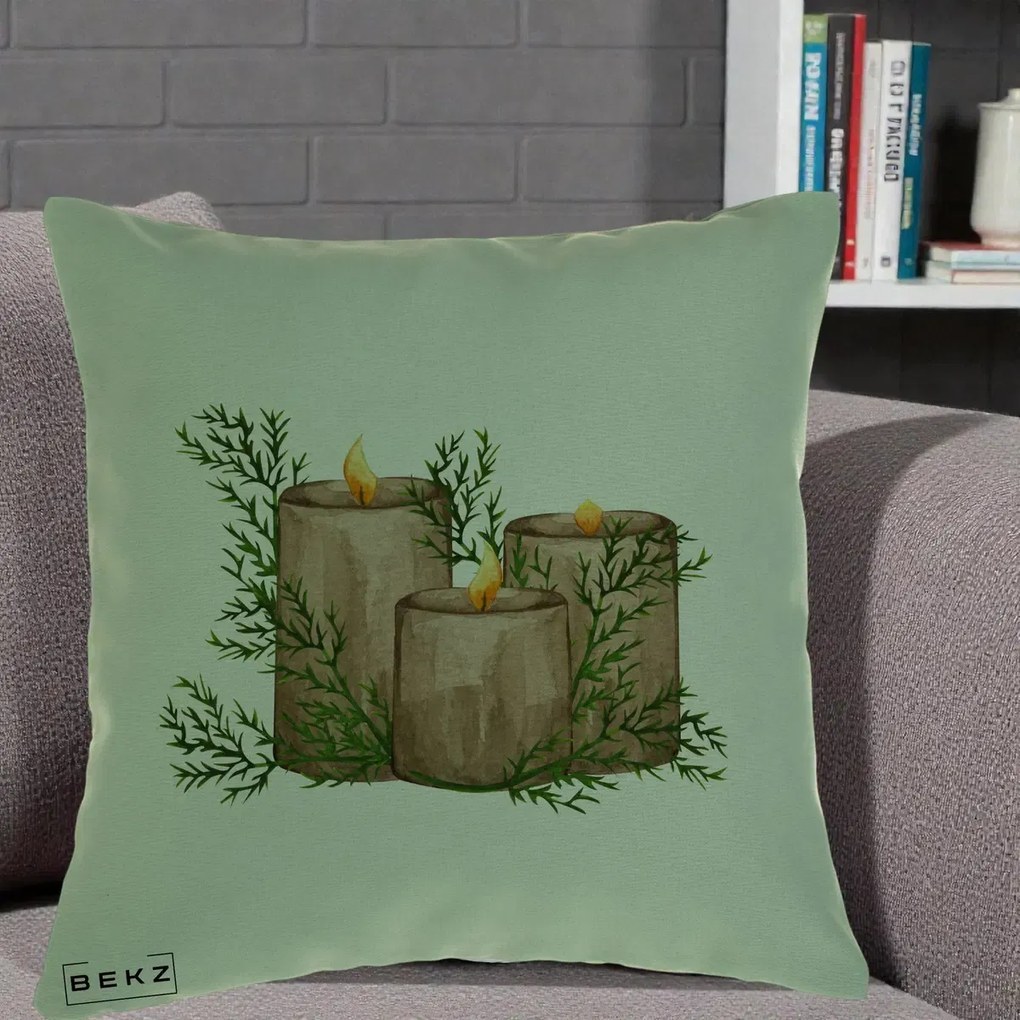 Perna Decorativa Lumanari Rustice cu Crengute Brad, 40x40 cm, Verde, Husa Detasabila, Perna Inclusa, BEKZ®