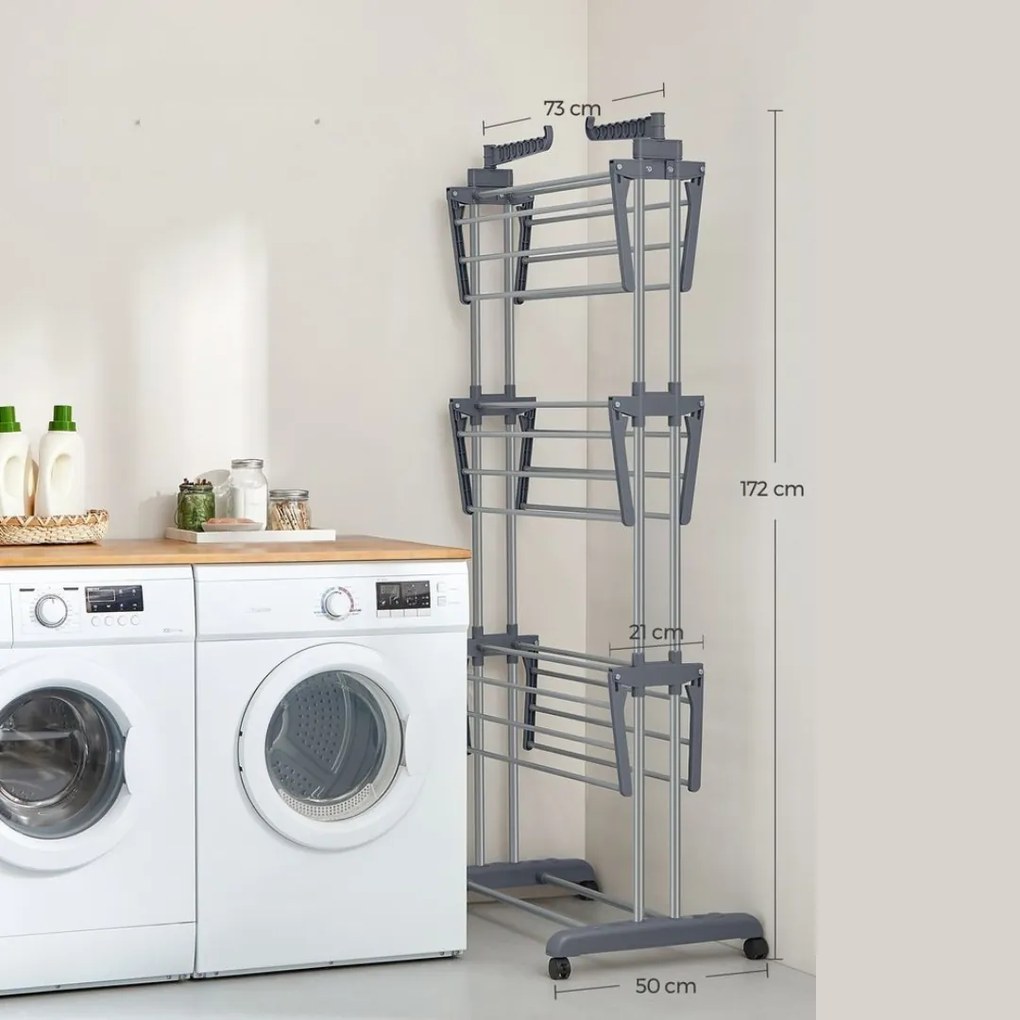 Uscător de rufe ELTON cu 4 niveluri pe roți, 76x172x50 cm, gri SongmicsHome